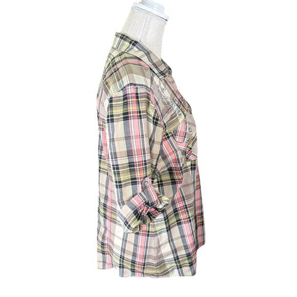 Harley-Davidson Plaid Half Sleeve Zip Up Shirt Women's XL Embroidered Logos Tan - Picture 5 of 11